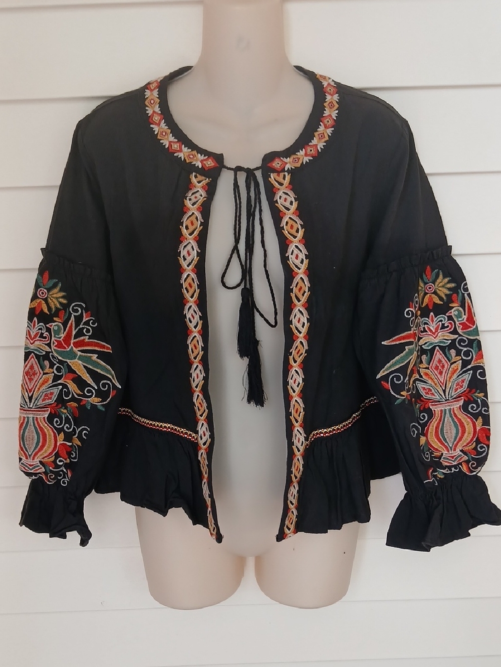 Velzera Embroidered Tie-Front Boho Shirt Jacket